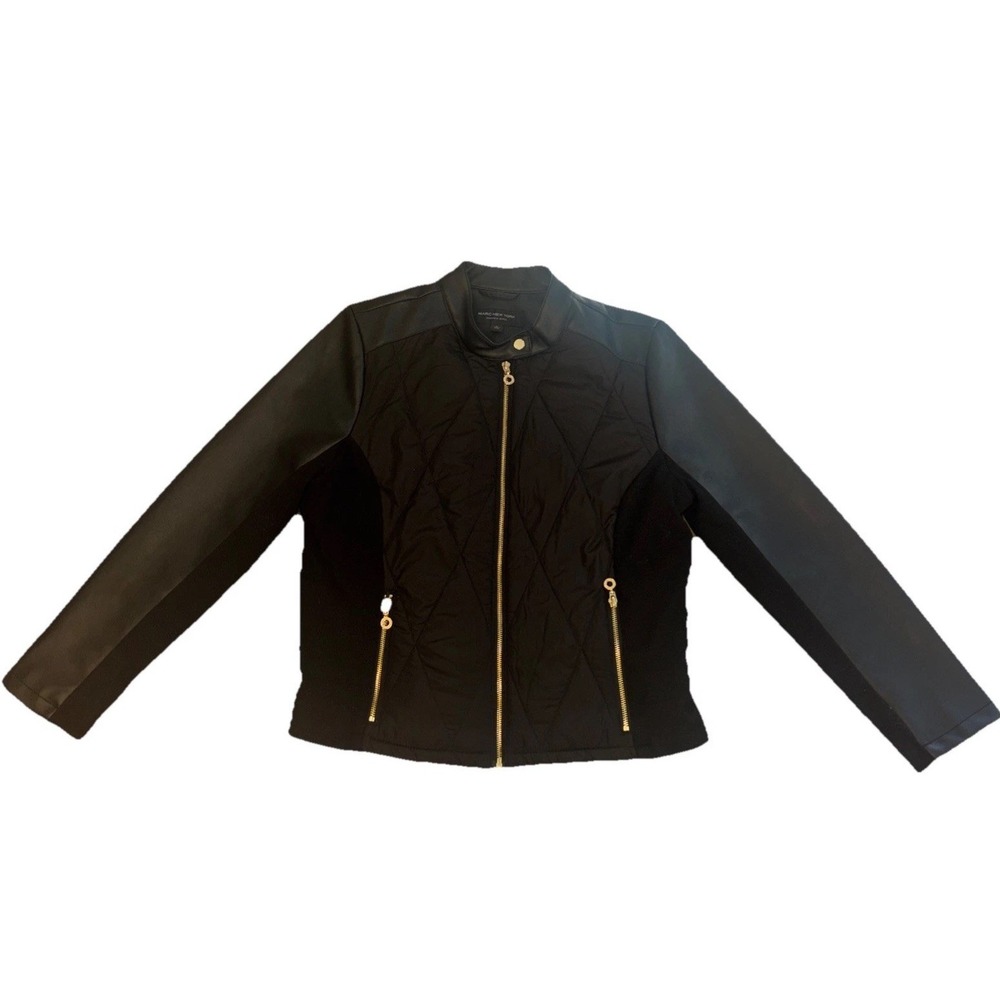 Marc New York Black Faux Leather Jacket Sz Lg Bomber Biker Quilted Patchwork Gld